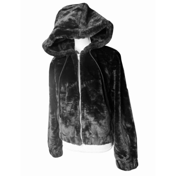 Sanctuary Black Textured Faux Fur Long-Sleeve Hooded Bomber Jacket Wm’s Sz Small - Picture 1 of 6